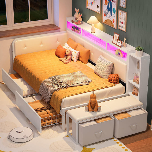 Twin Corner Daybed Frame with Storage Drawers, Charging Station & Bookcase Headboard