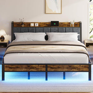 King Bed Frame with LED Lights, USB Charging & Storage Headboard