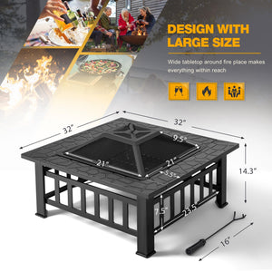 32-Inch Square Outdoor Fire Pit Table with Waterproof Cover
