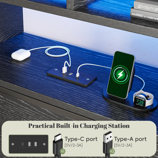 King Size Bed Frame with LED Lights, Storage Headboard & Charging Ports