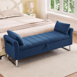 King Size Storage Bench with Arms, Boucle Fabric, Gold Legs, 2 Pillows
