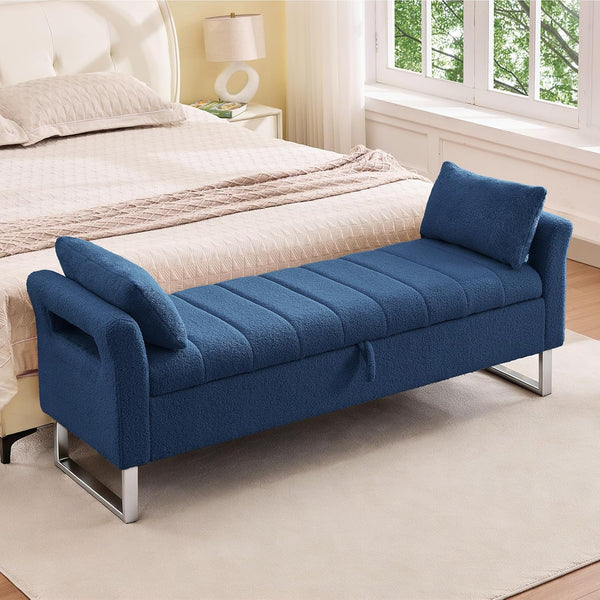 King Size Storage Bench with Arms, Boucle Fabric, Gold Legs, 2 Pillows
