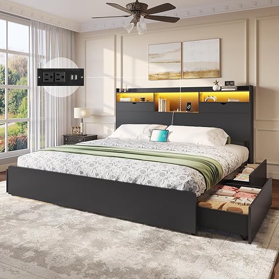 King Bed Frame with Storage Drawers, LED Lights & Charging Station