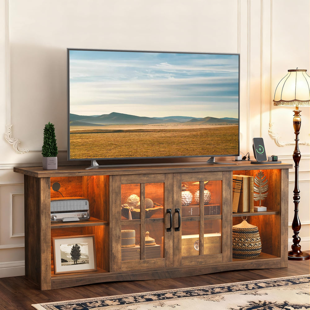 Farmhouse LED TV Stand with Power Outlet & LED Lighting