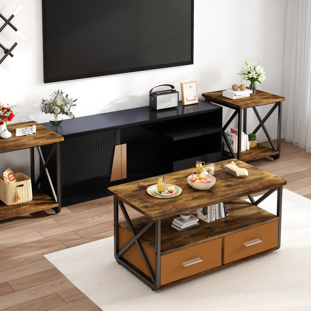 3 Piece Coffee Table Set with Fabric Drawers and Storage Shelves