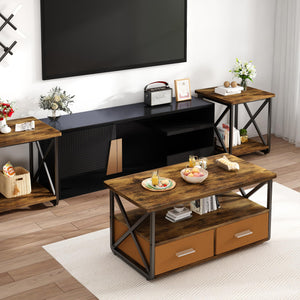 3 Piece Coffee Table Set with Fabric Drawers and Storage Shelves