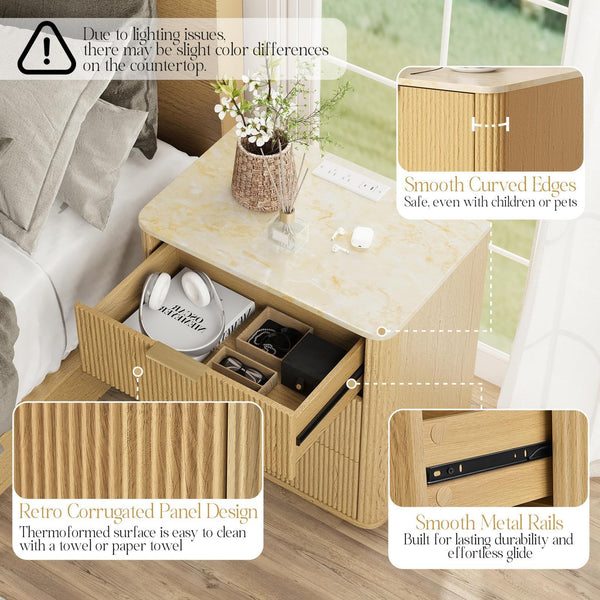 3-Drawer Nightstand Set of 2 with Charging Station
