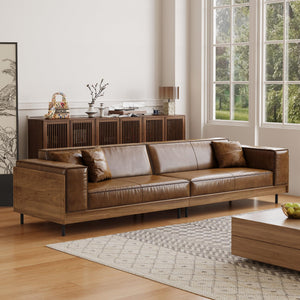 Mid-Century Modern Leather Sofa 3-Seat with Wooden Accents, Brown