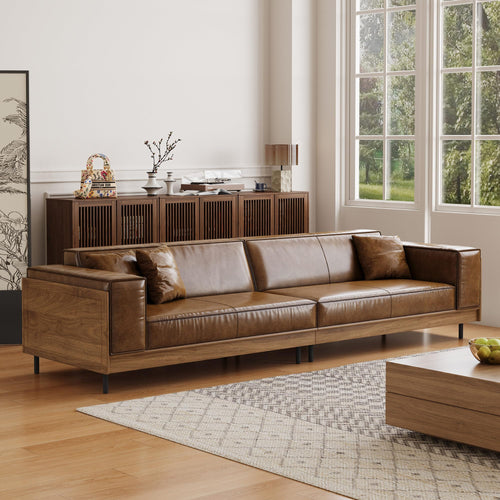 Mid-Century Modern Leather Sofa 3-Seat with Wooden Accents, Brown