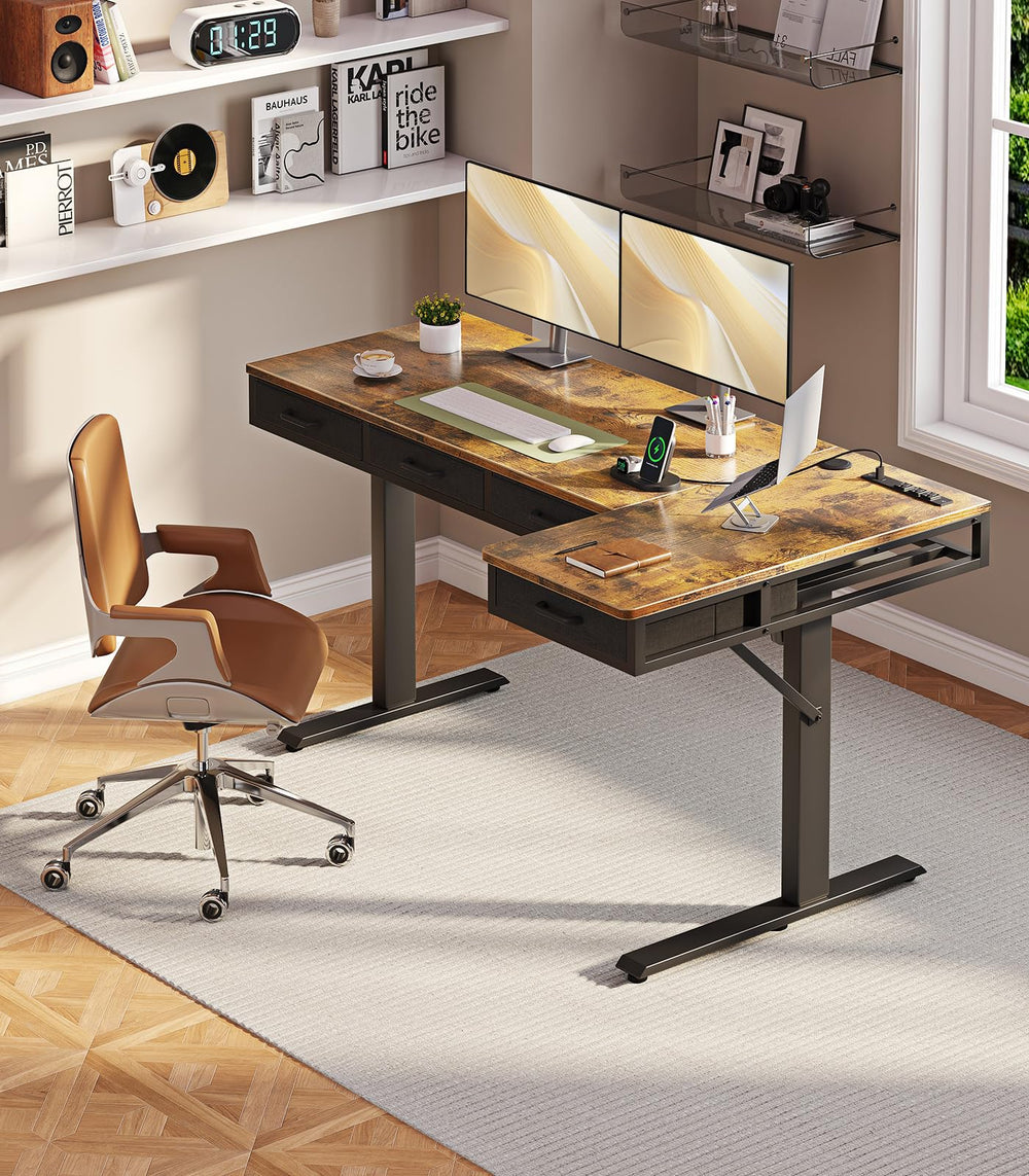 L-Shaped Electric Standing Desk with Drawers & Power Outlets