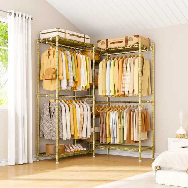 L-Shaped Corner Clothes Rack with Shelves & Hangers