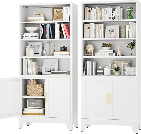 6-Tier Metal Bookcase with Doors – Floor Standing Storage Shelf