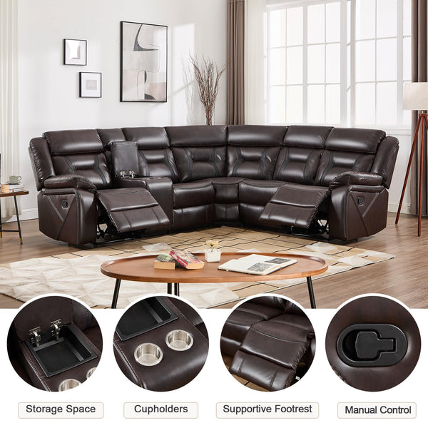 L-Shaped Faux Leather Reclining Sectional Sofa with Console & Storage