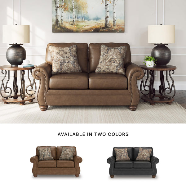 Rustic Faux Leather Loveseat with Nailhead Trim & Throw Pillows