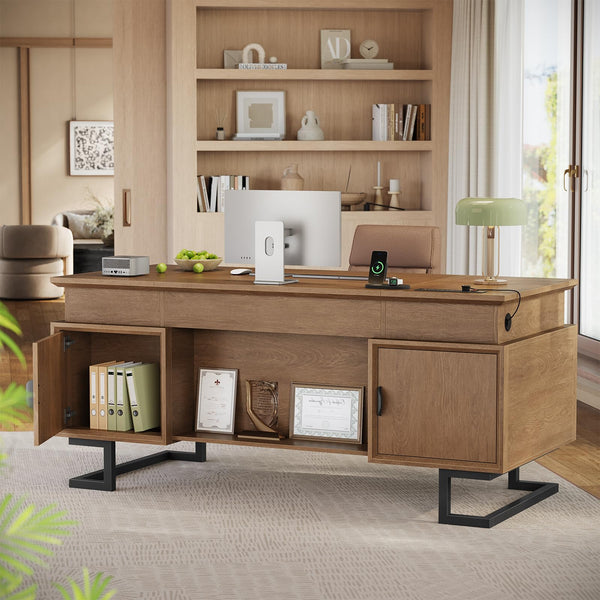 63 Inch Executive Desk with Charging Station, 6 Drawers, File Drawer & Keyboard Tray
