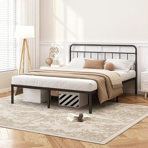 Metal Platform Bed Frame with Minimalist Headboard – 12 Inch Clearance