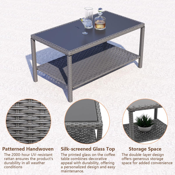 Outdoor Wicker Coffee Table with Glass Top