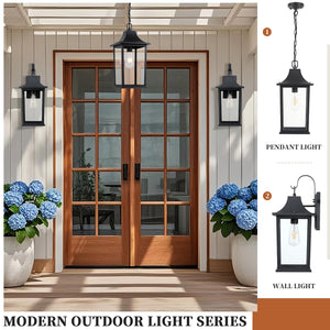 Large Outdoor Pendant Light – Black Aluminum Hanging Lantern with Adjustable Chain