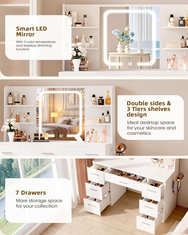 Makeup Vanity Desk with Smart LED Mirror, 7 Drawers & Power Station