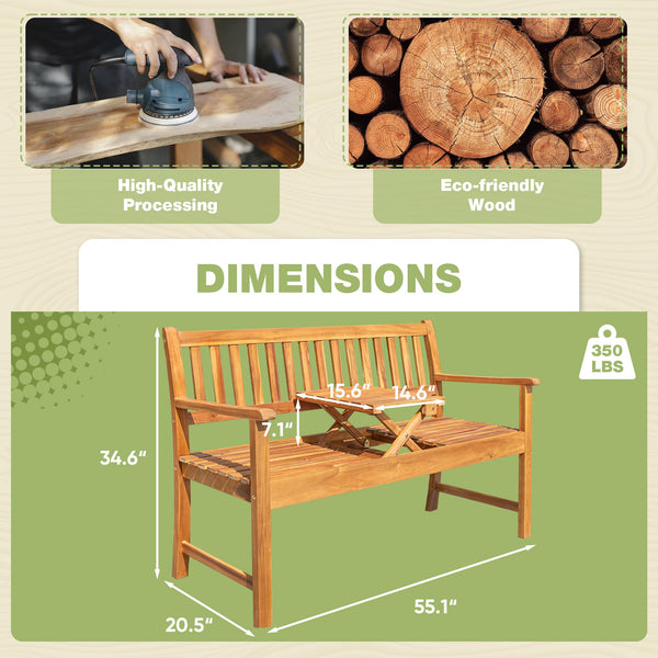 2-Person Acacia Wood Outdoor Bench with Foldable Table