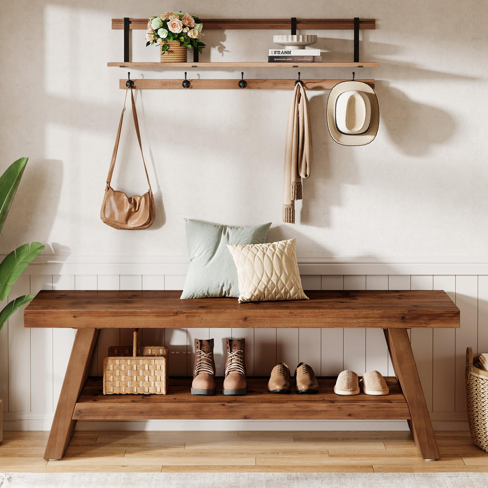 Entryway Bench with Shoe Storage – 2-Tier Solid Wood