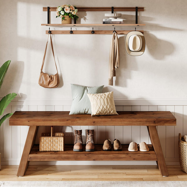2-Tier Solid Wood Entryway Bench