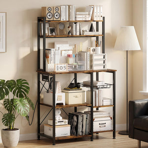 Bakers Rack with Power Outlet, Wire Basket & Coffee Bar