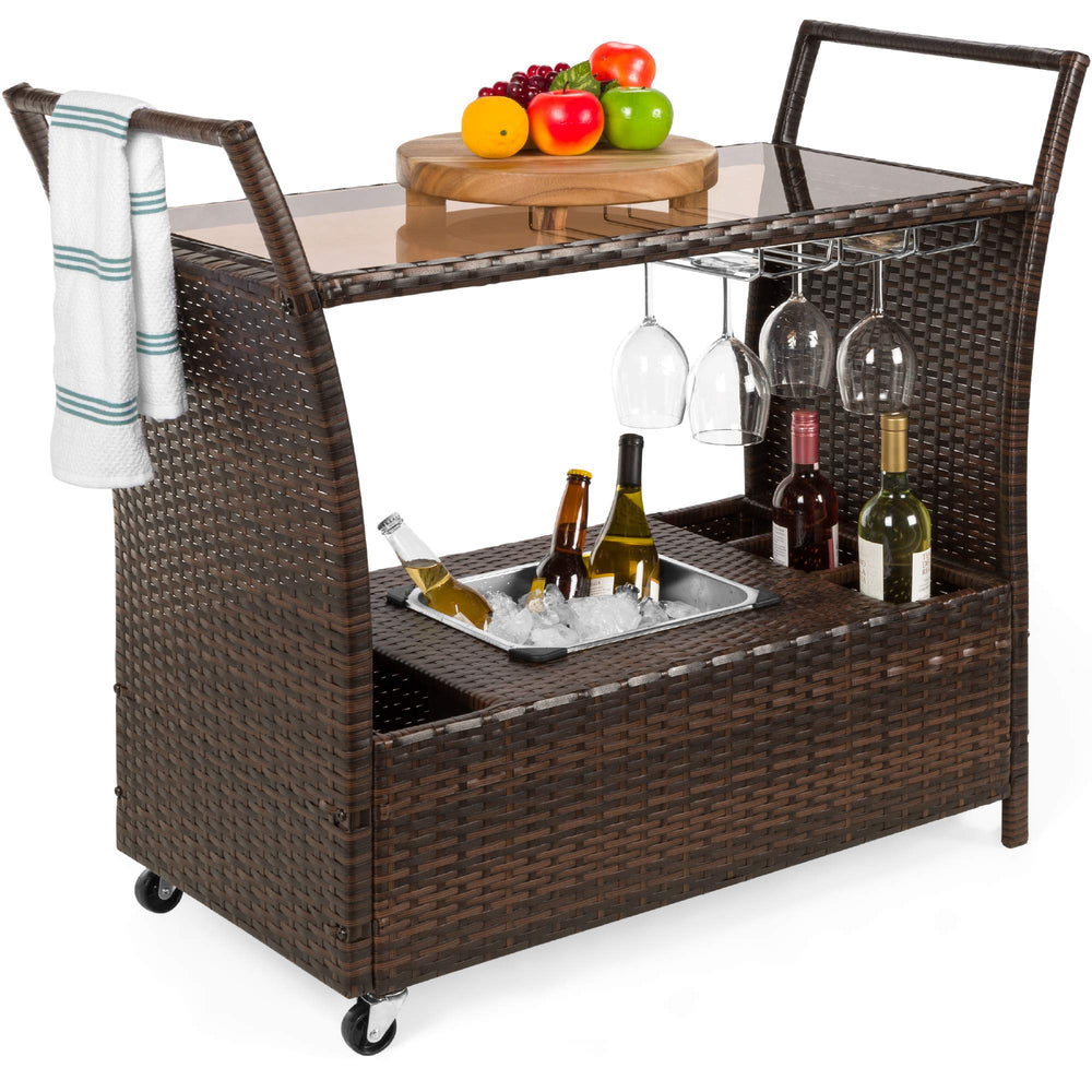 Rolling Wicker Bar Cart with Ice Bucket & Glass Top
