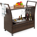 Rolling Wicker Bar Cart with Ice Bucket & Glass Top