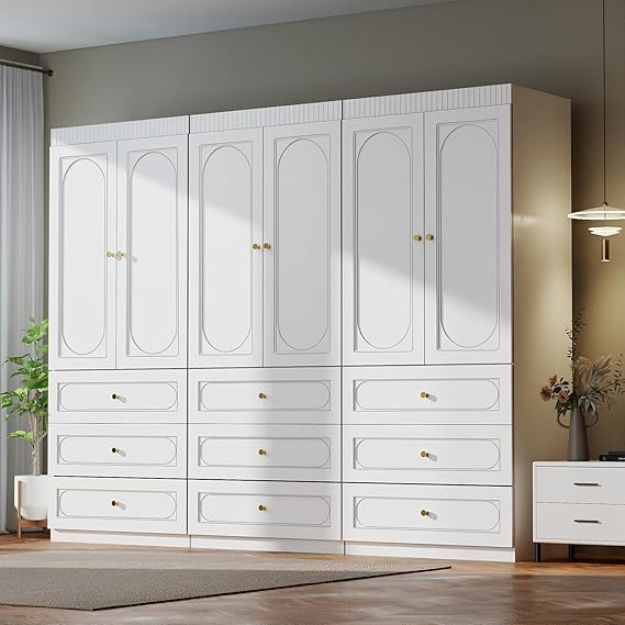 Fluted Door Wardrobe with Drawers & Hanging Rod