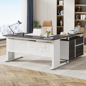 L-Shaped Executive Desk with File Cabinet and Storage Shelves