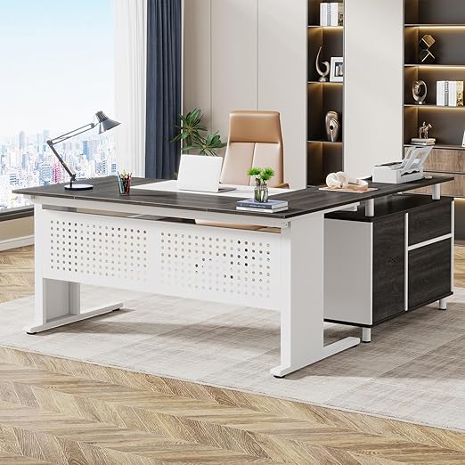 L-Shaped Executive Desk with File Cabinet and Storage Shelves
