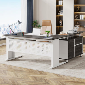 L-Shaped Executive Desk with File Cabinet & Storage Shelves