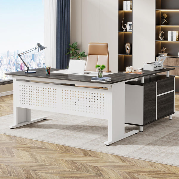 L-Shaped Executive Desk with File Cabinet & Storage Shelves