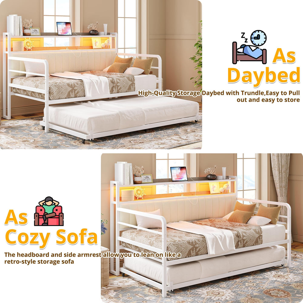 Daybed with Trundle, LED Lights & Charging Station – Metal Sofa Bed with Storage Shelves