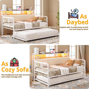 Daybed with Trundle, LED Lights & Charging Station – Metal Sofa Bed with Storage Shelves