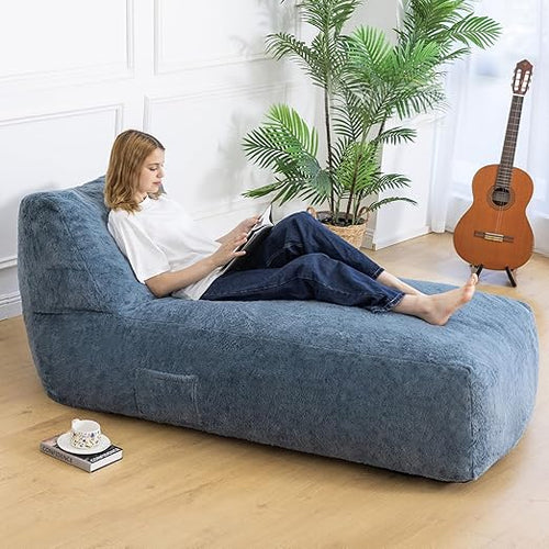 Giant Memory Foam Bean Bag Lounger Chair with Faux Fur & Side Pockets