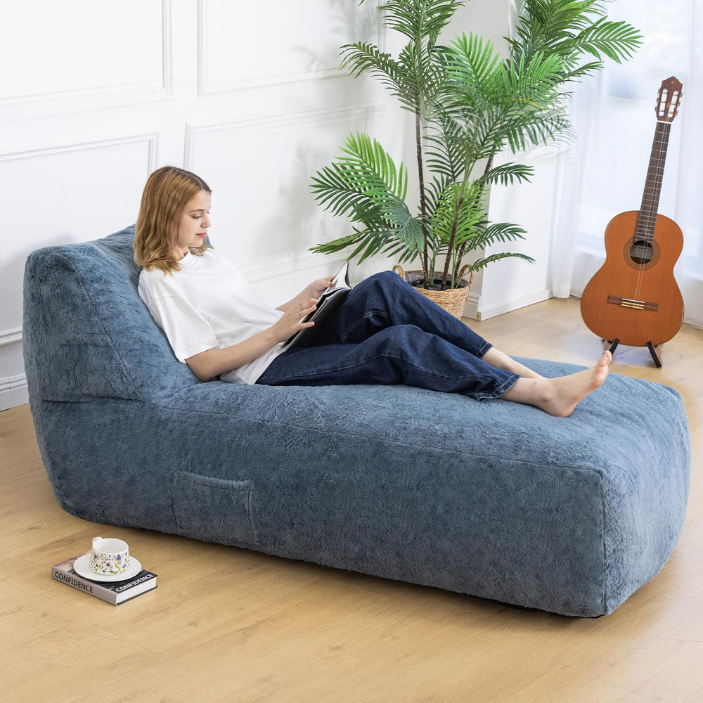Giant Memory Foam Bean Bag Lounger Chair with Faux Fur & Side Pockets