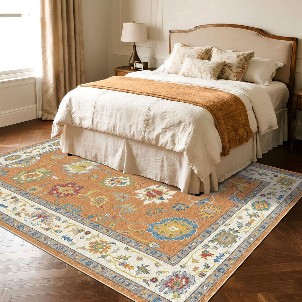 Oushak Washable Area Rug – Orange Ochre Floral, Non-Slip, Machine Washable