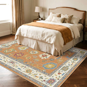 Oushak Washable Area Rug – Orange Ochre Floral, Non-Slip, Machine Washable
