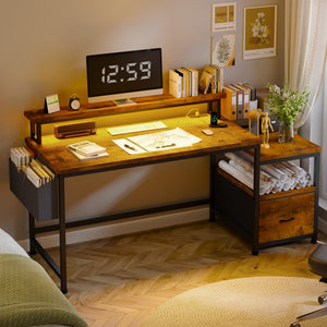 57" L-Shaped Corner Office Desk with Drawers, Power Outlets & Monitor Stand