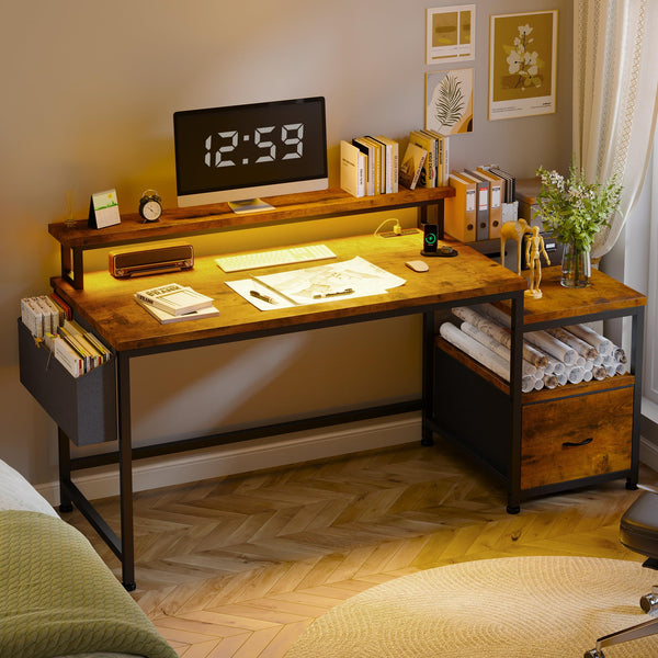 57" L-Shaped Corner Office Desk with Drawers, Power Outlets & Monitor Stand