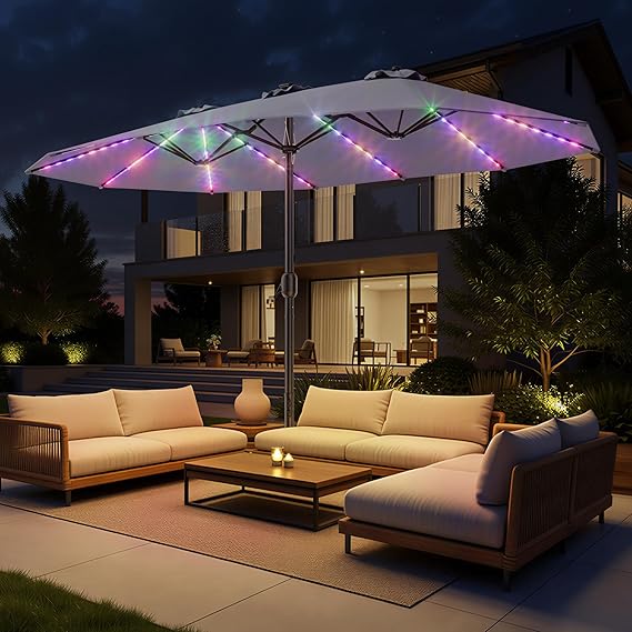15ft Double-Sided Patio Umbrella with Base & RGB LED Lights