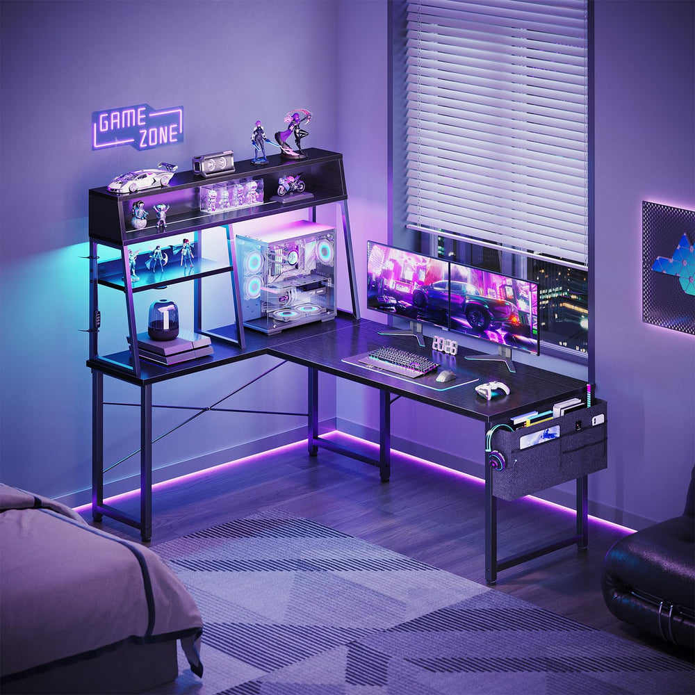 L-Shaped Gaming Desk with LED Lights and Display Shelves
