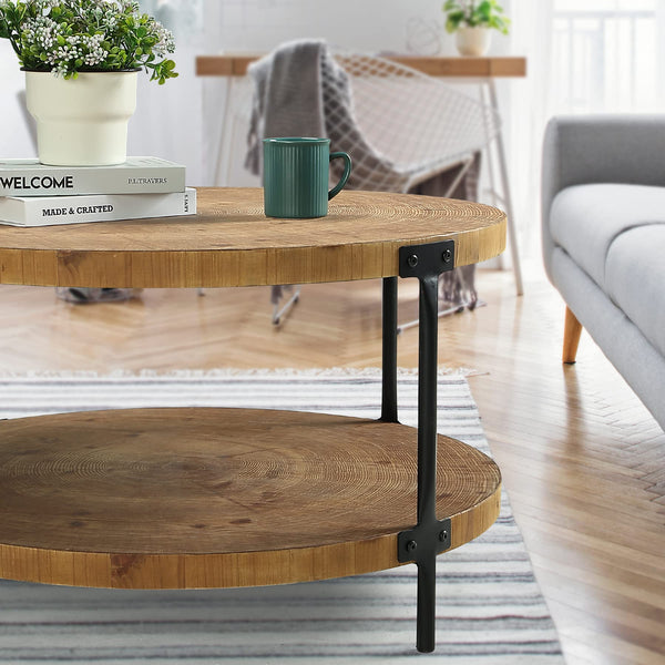 Round 2-Tier Wood Coffee Table | 29.1" Boho Farmhouse