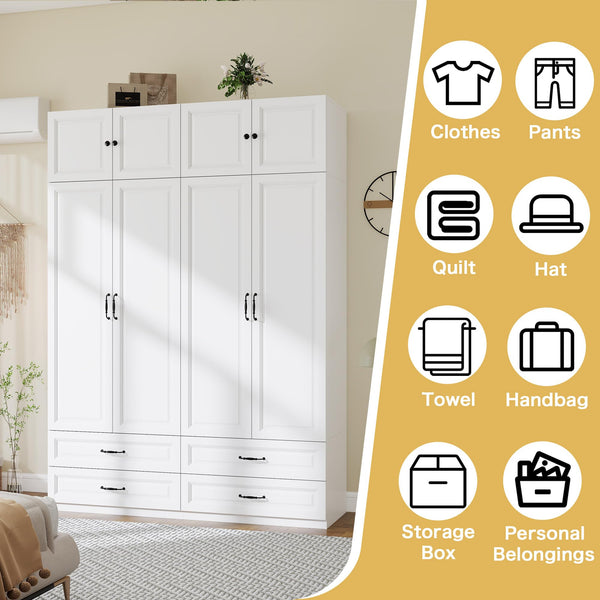 Tall Wardrobe Armoire with 4 Doors & 4 Drawers