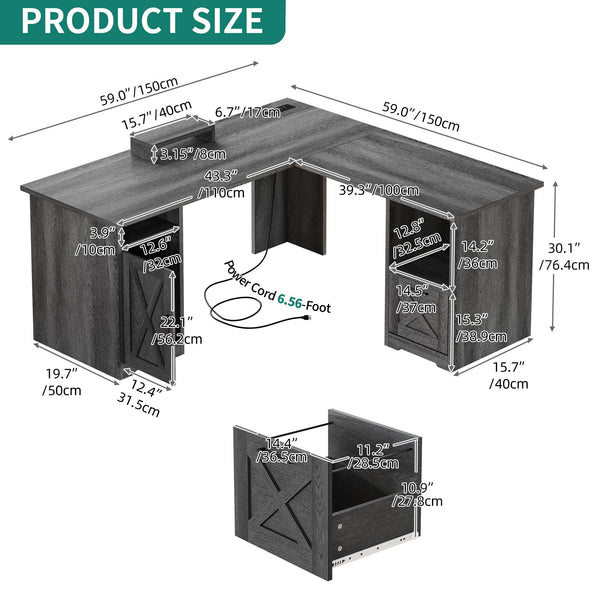 L-Shaped Desk with Power Outlets, File Drawer & Monitor Stand — 60 Inch Corner Office Desk