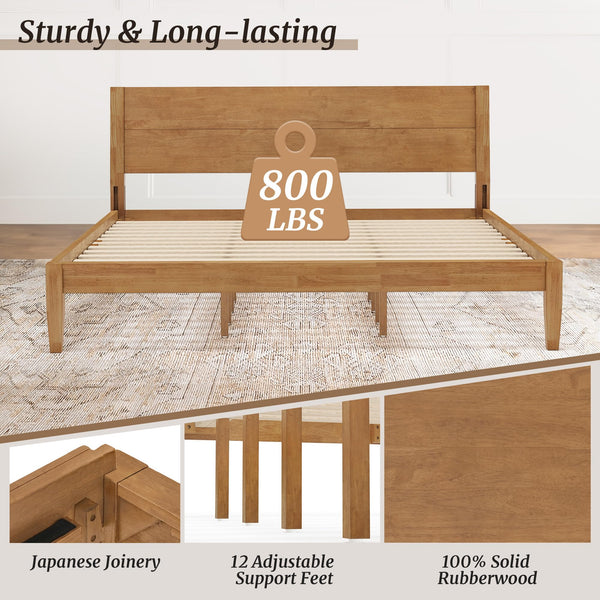 Solid Rubberwood Platform Bed Frame with Headboard