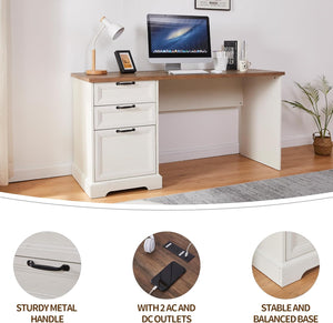 L-Shaped Executive Desk with File Cabinet and Charging Station