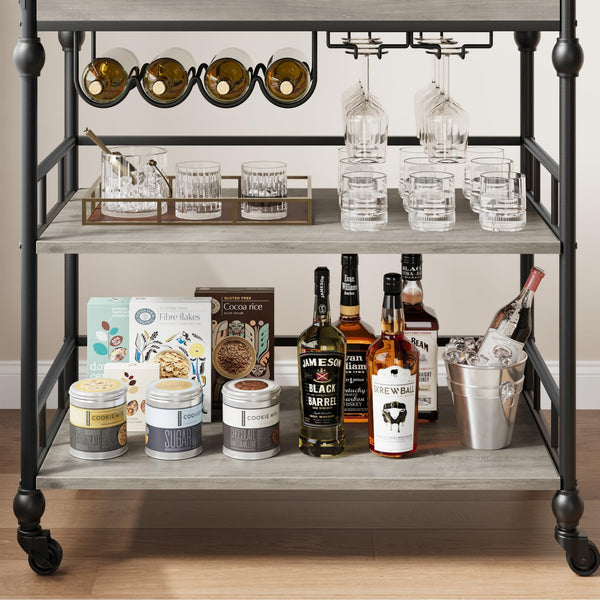 3-Tier Rolling Bar Cart with Wine Rack & Removable Tray